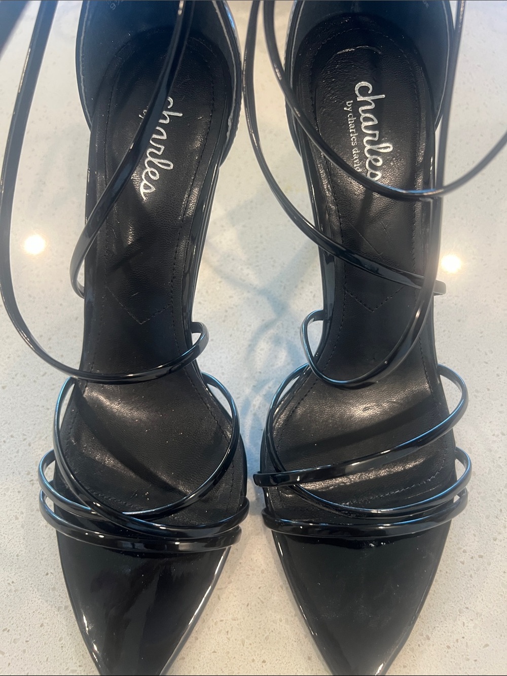 Charles by Charles David Black Patent Wrap-Around Pointed Toe Heels